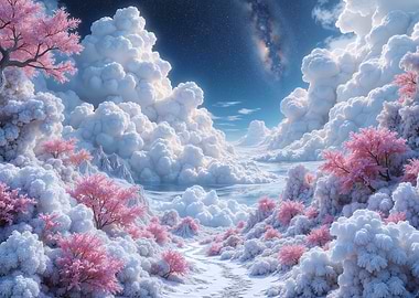 Dreamy Landscape with Cherry Blossoms and Clouds