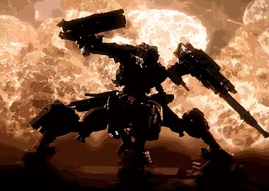Mechanical Walker Silhouette Against Explosion