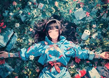 Anime Girl Lying in Flowers
