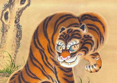 Tiger Cleaning Its Paw Japanese Painting
