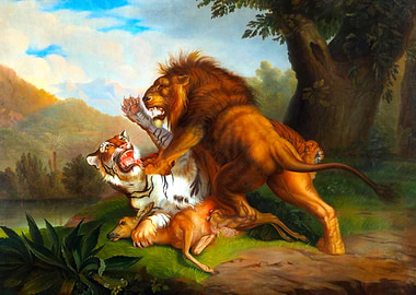 Tiger and Lion Fight Painting