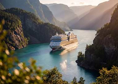 Cruise ship in a fjord landscape