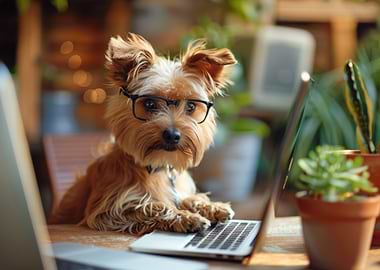 Dog with Glasses Using Laptop