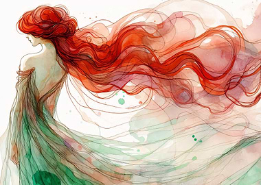 Watercolor Woman with Flowing Red Hair
