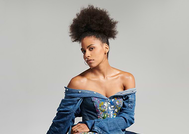 zazie beetz in Denim Off-Shoulder Top