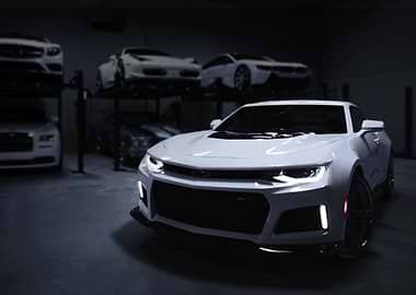 White Chevrolet Camaro in a Garage