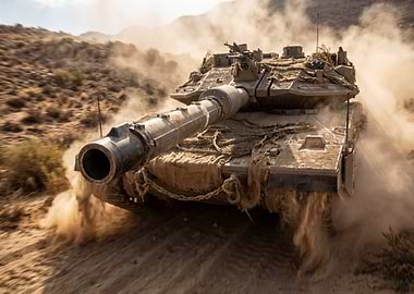 Military Tank in Desert Landscape