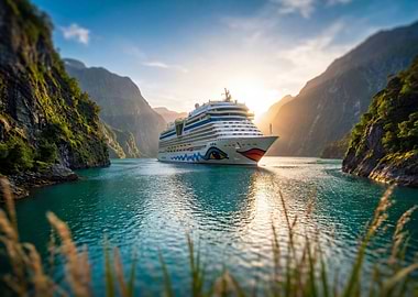 Cruise ship in a fjord landscape