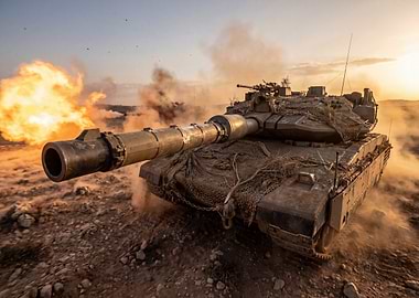 Tank firing at sunset