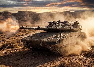 Tank firing in desert landscape