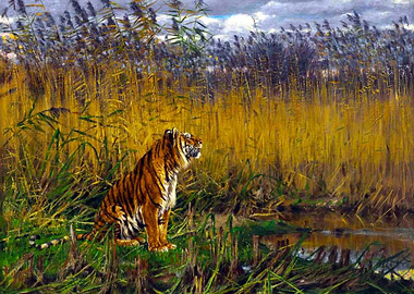 Tiger in Tall Grass Painting