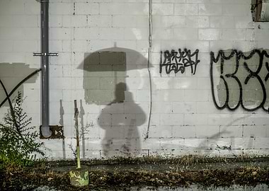 Shadowy Figure with Umbrella on Brick Wall