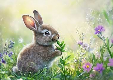Cute Bunny Eating in Flower Meadow