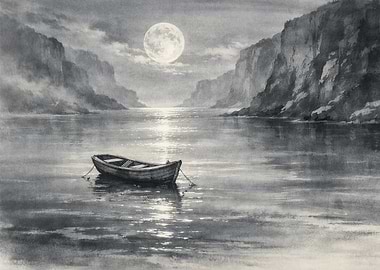 Monochrome Boat on Water Under Moonlight
