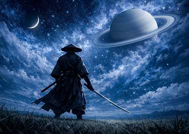 Samurai Stance Under Saturn's Gaze