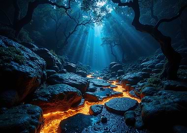 Mystical Forest Stream with Glowing Water