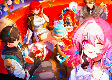 Anime Characters Celebrating with Cake