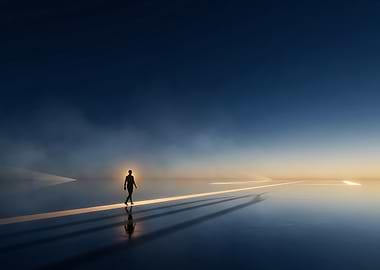 Lone silhouette walking on glowing path in surreal horizon