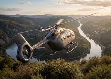 Helicopter flying over river landscape