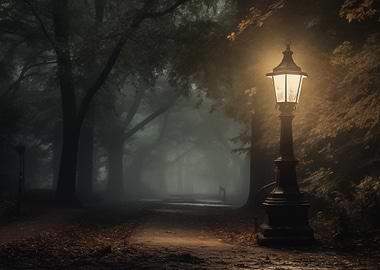 Foggy park with glowing lamppost