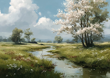 Spring Meadow with Blossoming Tree Painting