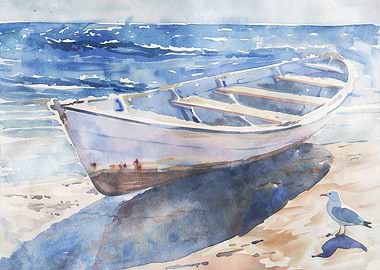 Watercolor Boat on Beach with Seagull