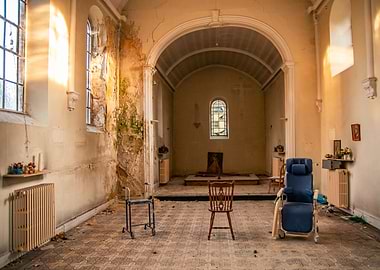 Abandoned Church Interior with Medical Equipment