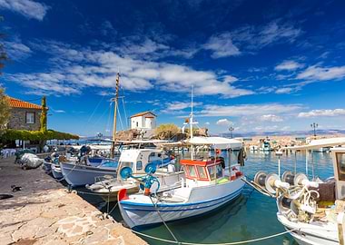 Picturesque Harbor with Fishing Boats, Greek Island