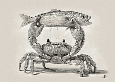 Crab Holding Fish Pencil Drawing