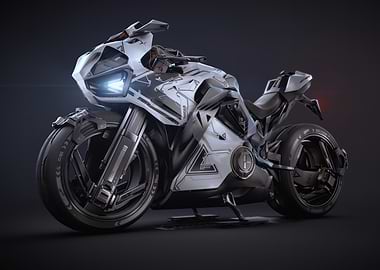 Futuristic White Motorcycle on Dark Background