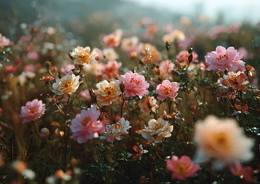 Floral Field with Pink and Yellow Roses