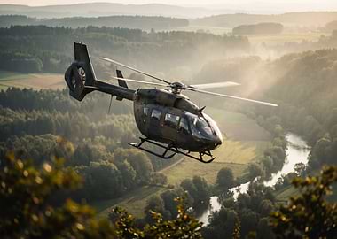 Helicopter Flying Over Forest Landscape