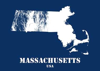 Massachusetts USA State Minimalist White Topographic Contour Map featuring terrain on navy blue background