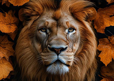 Majestic Lion Portrait with Autumn Leaves
