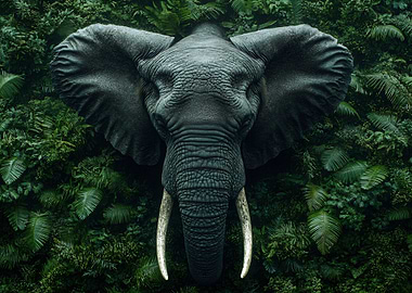 Elephant portrait in lush green jungle