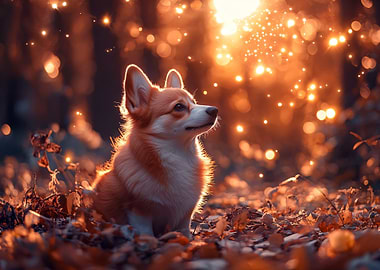 Corgi in Autumnal Forest with Bokeh