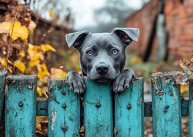 Dog peering over a blue fence