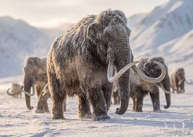 Woolly Mammoths in Snowy Landscape