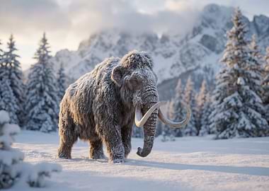 Woolly Mammoth in Winter Landscape