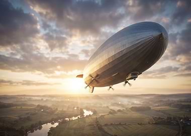 Airship over landscape at sunset