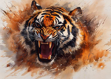 Watercolor Painting of an Angry Tiger