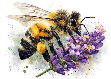 Watercolor Bee on Lavender Flower