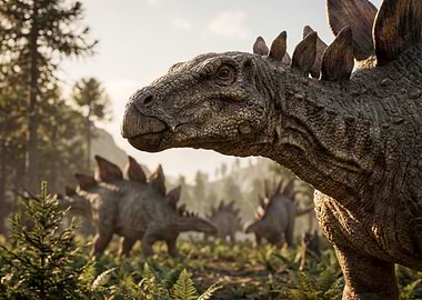 Stegosaurus herd in a prehistoric landscape