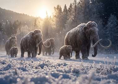 Woolly Mammoths in Snowy Landscape