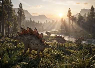 Stegosaurus herd in prehistoric landscape