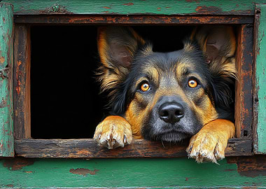Dog Looking Through a Green Window