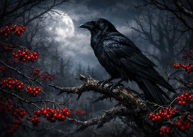 Raven Perched on Branch Under Moonlight