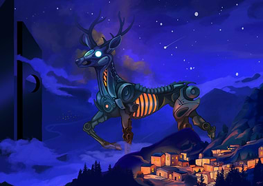Mechanical Deer in Night Landscape