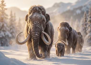 Woolly Mammoths in Snowy Landscape