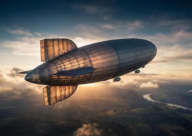 Vintage Airship Flying Over Landscape